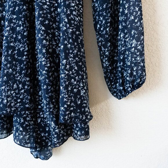 Relipop Navy Blue Floral Romper Dress Size XL Long Sleeve V-Neck Ruffle Hem - Picture 5 of 8